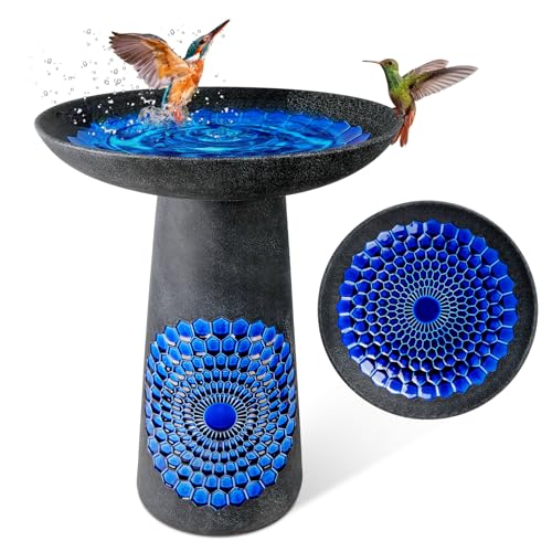 LITUDISO 21.5'' Tall Ceramic Bird Bath for Outdoor, Heavy Duty - Cold-Weather Resistant Bird Bath, Garden and Patio Décor - Diamond Blue