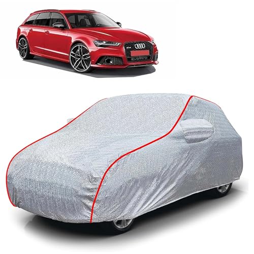 Image of Sulfar 100% Waterproof Car Body Cover Compatible with Mirror for Audi RS6 (Triple Stitched, Full Bottom Elastic, Magic Silver with Red Piping)