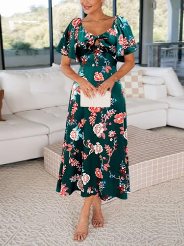 Fashionme Womens Dresses 2025 Maxi Dresses Deep V Neck Elegant Bow Tie Front Cap Sleeve Summer Floral Satin Smocked Dress3