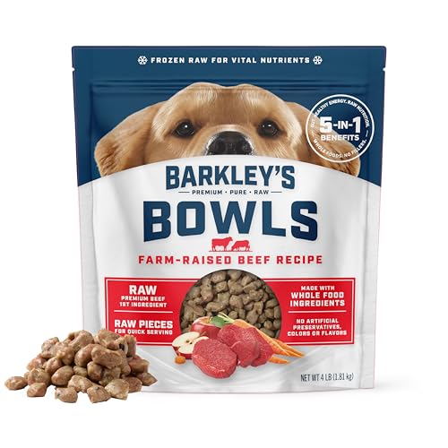 Barkley’s Bowls, Frozen Raw Beef Dog Food, Fresh Whole Food Ingredients with Farm-Raised Beef, Grain Free, High Protein for Balanced Nutrition, Frozen Meals Made with Human Grade Ingredients, 4 lb Bag