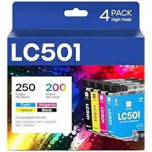 LC501 Ink Cartridges Compatible for Brother LC501 LC501XL LC 501 XL Work for Brother MFC-J1260DW MFC-J1360DW MFC-J1410DW Printer (4 Pack, Black, Cyan, Magenta, Yellow)