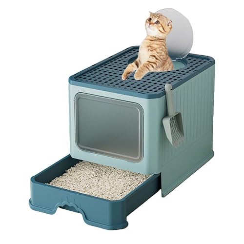猫用トイレ本体 大型 大きめ 特大 システムトイレ 全封?式 フルカバー ふた付き 引き出し式 大容量 快適ワイド 砂飛び散り防止 漏れ防止 脱臭 消臭 臭い防止 スコップ付き 脱臭シート付 掃除楽 清潔 猫砂 ペット用品 (グリーン)