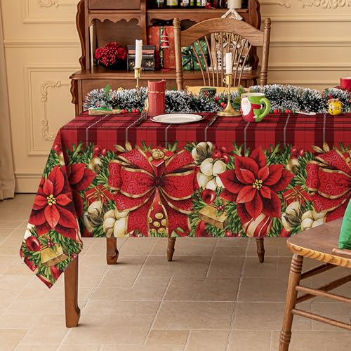 Softalker Christmas Rectangle Tablecloth Red Checkered Flower Xmas Table Cloths, Washable Polyester Fabric Table Covers for Dining, Parties & Holiday Decor(60 x 84 Inch)