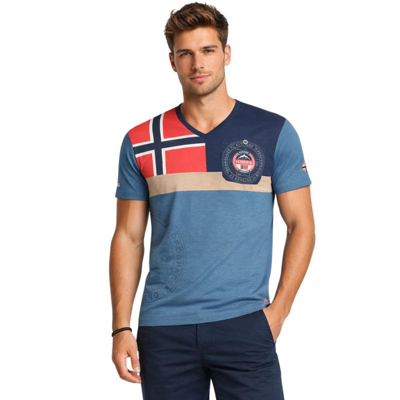 Geographical Norway J-Flag Men t-Shirt Homme col V Manches Courtes – Tee Shirt léger et...