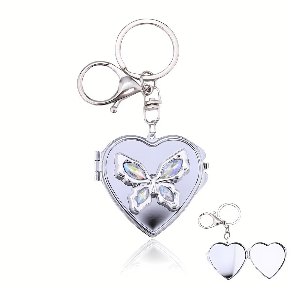 Heart Mirror Keychain Charm for Bag Purse Butterfly Keyring Makeup Keychain Compact Mirror Key Chain for Women