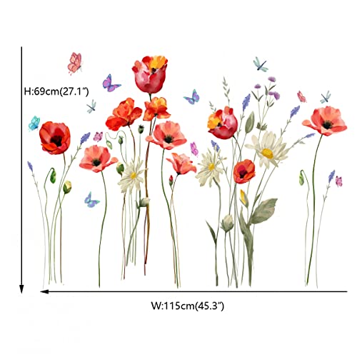 Runtoo Poppy Flowers Art Stickers Butterfly Floral Wall Decals for Living Room Bedroom Decor, 30cm x 90cm (12 inches x 36 inches) - Image 4
