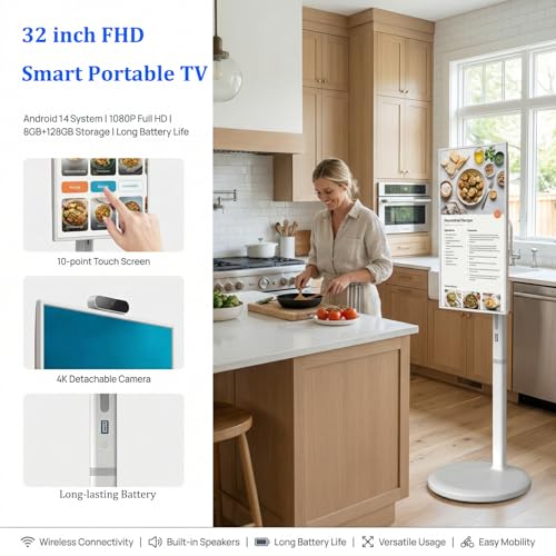 Image of 32 inch Smart Portable TV on Wheels, 1080P FHD Portable Rolling TV with Rotatable Touch Screen, Android 13 OS, 8GRAM+128G Storage, Full Rotation Mobile TV with 13MP Camera, Built-in Battery, Voice Control