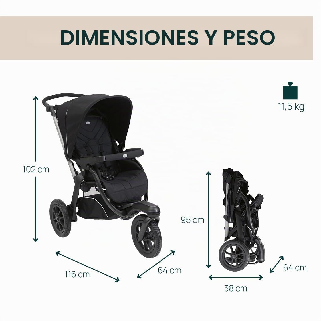 Cochecito Activ3 de 3 ruedas, funcional y fácil de maniobrar en cualquier terreno, asiento espacioso, respaldo reclinable, práctico cierre rápido, amortiguadores ajustables, 0 meses+, Ebony