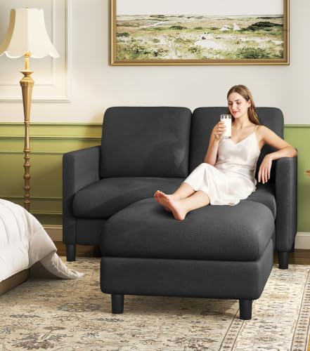 Image of Welzona Loveseat Sofa with Ottoman, 51 inch Small L Shaped Teddy Couch Sofa | Comfy Teddy Fabric, Tool-free Setup, Washable Covers, All-wood Couch Sets for Living Room, Bedroom, Small Spaces, Grey