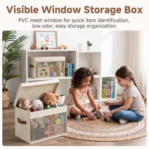 Image of StorageWorks Fabric Storage Bins with Lids, Large Closet Storage Bins | Flip-Top Lid, Clear Window, Handles, Collapsible, for Clothes Blankets Books, Closet Box, Ivory White, 2-Pack