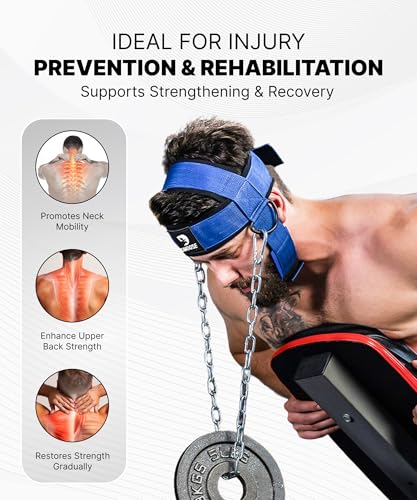 Image of DMoose Fitness Neck Harness for Weight Lifting - Soft Padded Head & Chin Strap with 30 inch Heavy Duty Steel Chain - Neck Exerciser, Trainer & Strengthener to Support Injury Recovery (Blue)