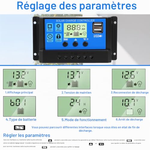 30A PWM Regulateur de Charge Solaire, 12V/24V Contrôleur de Charge – vue 3