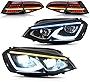 VLAND Start-up Blue LED DRL With Welcome / Breathe Function Dynamic Headlights & Smoked Taillights Compatible For [2014-2019 VW Volkswagen Golf 7 MK7] Driver & Passenger Side