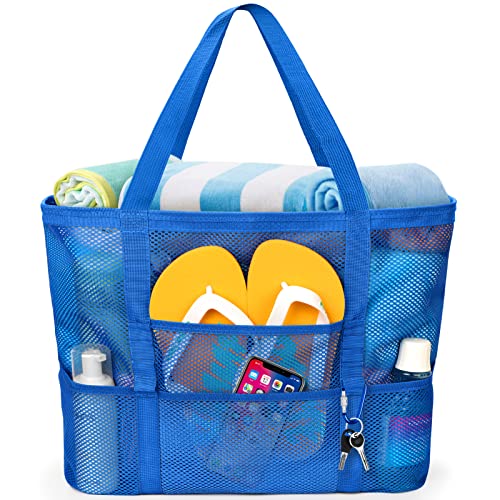 KPX Mesh Beach Bag, Large Beach Tote Bags for Women Foldable Mesh Swimming Pool Bag with Mini Pockets - Sandproof, Waterproof Navy Blue