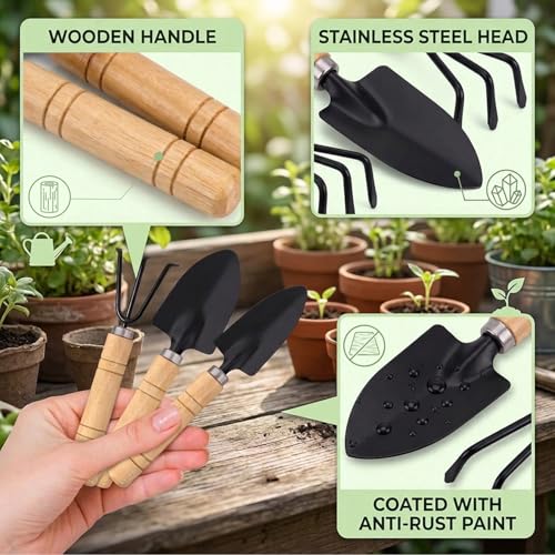 Mini set de herramientas para jardín con mango de madera miniatura 3