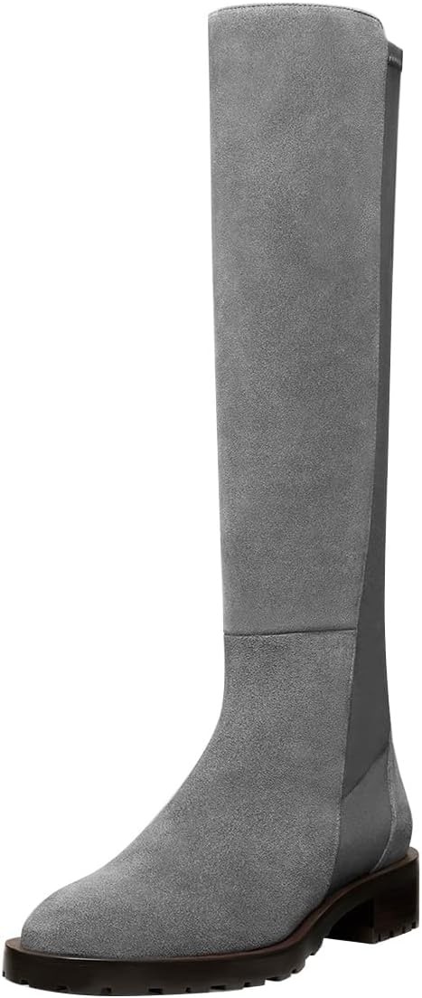 FOWT Women Platform Round Toe Knee High Boots Chunky Block Low Heel Long Boots Pull on Riding Boot Shoes Size 4-16 US