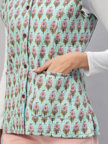 Image of Ravaiyaa - Attitude is everything Women's Floral Printed Reversible Quilted Jacket Coat Blazer Jacket Sleeve Less Waistcoat