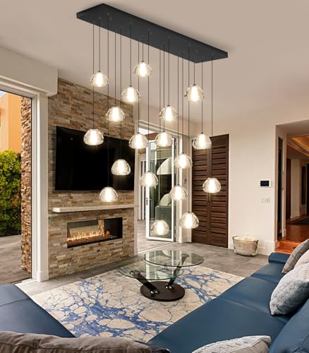 Image of Crystal Rectangular Chandeliers for Living Room Dining Room Light LED Pendant Lights Fixtures Lighting Chandelier for Foyer Entrance Black