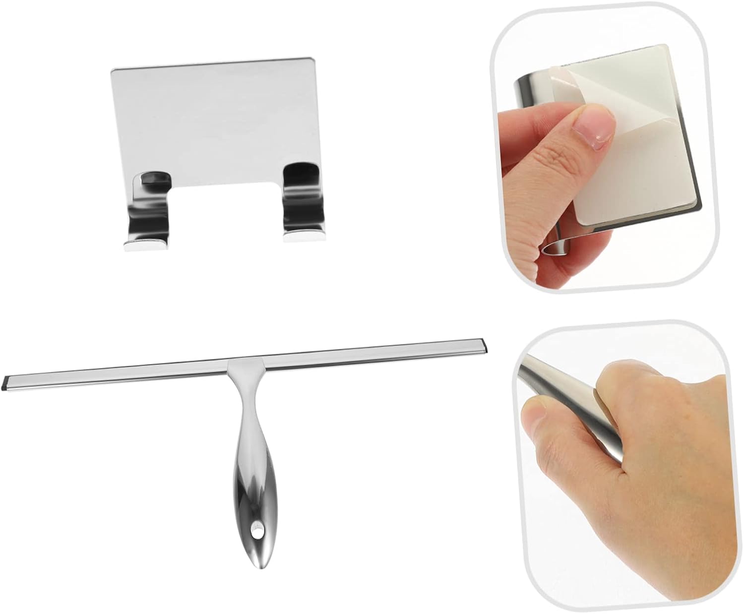 VOSAREA Stainless Steel Shower Squeegee No-Drill Adhesive Hooks 14-Inch Blade Easy to Use Glass Cleaner for Bathroom Windows and Shower Doors