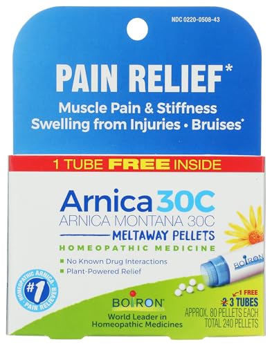 Image of Boiron Arnica Montana 30C Homeopathic Medicine for Relief from Muscle Pain, Muscle Stiffness, Swelling from Injury, and Discoloration from Bruises - 3 Count (240 Pellets)