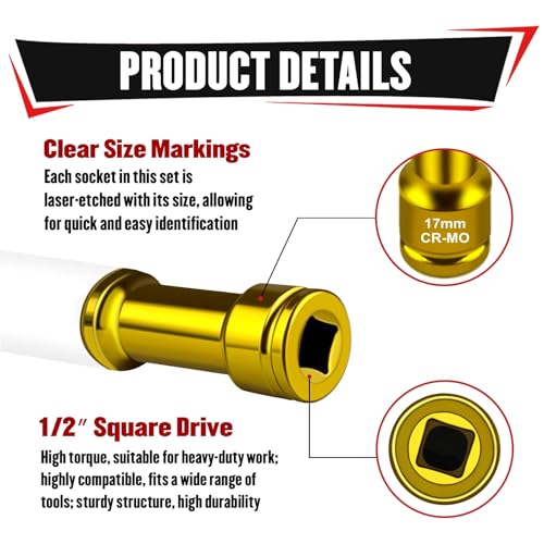 Image of YIYITOOLS 3Pcs 1 /2 inch Drive Impact Lug Nut Socket Set, 150mm Extra Long Deep Sockets, 6-Point Thin Wall Sockets (17 19 21mm), CR-MO, Non-Marring & Anti-Scratch for Wheel Lug Nut Remover