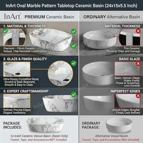 Image of Inart Ceramic Counter Top Wash Basin in Matt White Grey - Modern Design for Bathroom, Kitchen, Living Room - 60x37x13.5 cm (White Marble 5)
