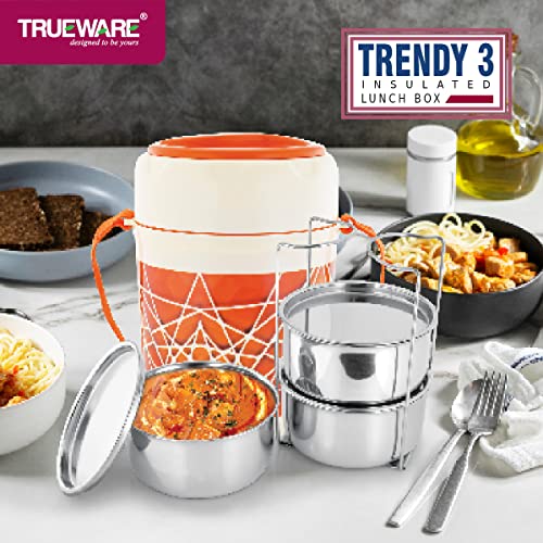 Image of TRUEWARE Trendy 3 Lunch Box with 3 Stainless Steel Container,300ml X3 Orange | PU Insulated | Lunch Box | Tiffin | Hot lunch box | Leak Proof | Easy to Carry | Hot & Cold Food Grade | BPA Free | Stainless Steel Dabbi | Office | Outdoors | For Men, Women, and Kids