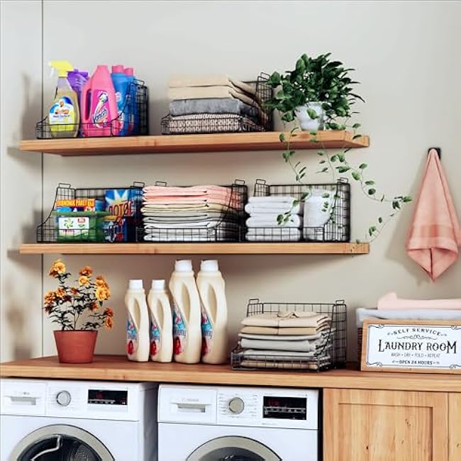 4-Pack Stackable Wire Baskets for Closet Organizers and Storage, Open Storage Bins for Clothes, Toys, and Snacks - Rustic Metal Closet Organizers and Storage Shelves in Black