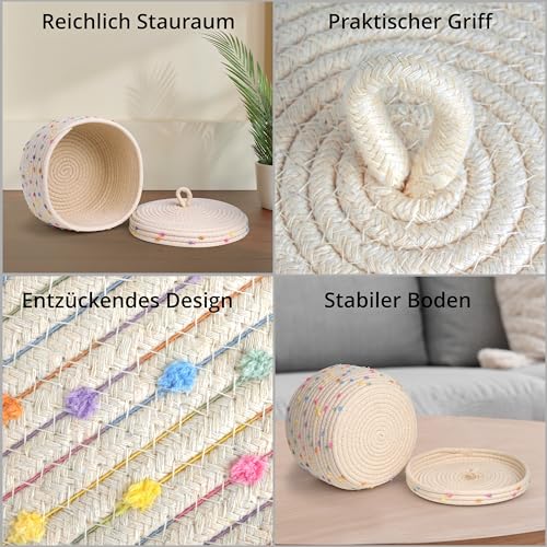Winter Shore Baumwollseil Körbchen Geflochten - Korb Geflochten mit Deckel für Pflanzen, Garn, Kinderzimmerzubehör, Snacks, Handtücher - Flechtkorb Klein - Cremefarben mit Bunten Akzenten, Rope Basket