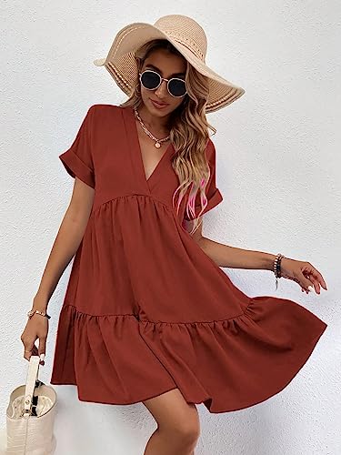 Image of WDIRARA Women's Roll Up Short Sleeve V Neck Ruffle Hem Solid Swing Smock Dress