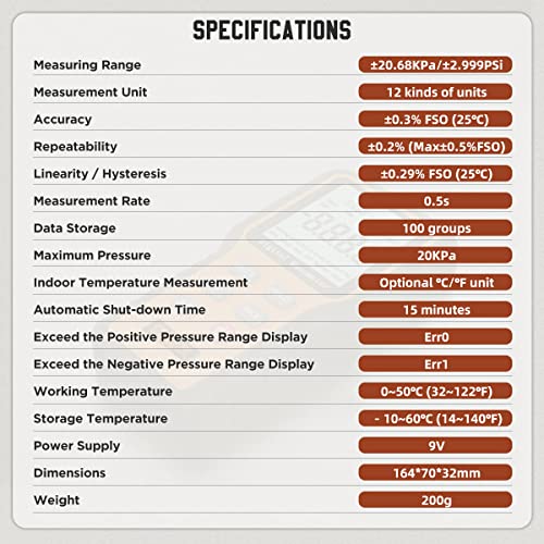 Cmtool Digital Manometer Lp Gas Pressure Tester ±20.68 Kpa Manometer Hvac Gauge With 12 Selectable Units Gas Pressure Test Kit Digital Natural Gas Pressure Tester Water Column Manometer Hvac Tool #TOP4