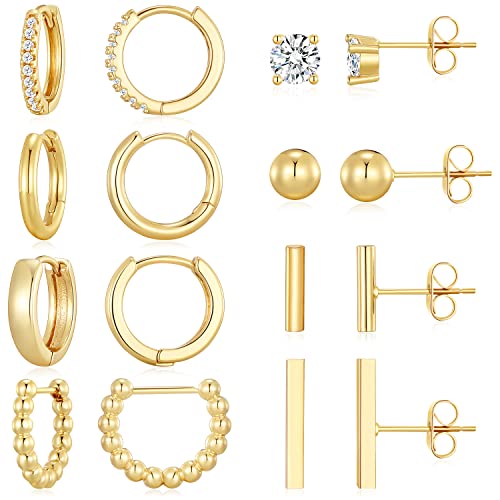 Dreamfox 6/8 Pairs Huggie Hoop Earrings Small Hypoallergenic 14K Gold Plated Huggie Earrings For Women Simple Huggie Stud Earrings Set For Christmas Gift