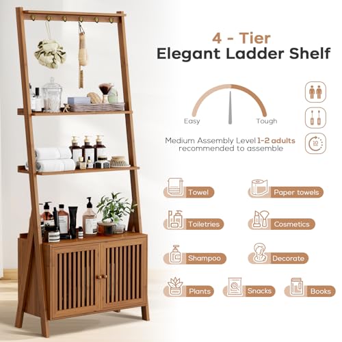 Image of Bookcase with Drawers, 4-Tier Bamboo Bookshelf Ladder Shelf with 6 Hooks, Tall Narrow Retro Book Shelf, 24.8 inchL x 10.6 inchW x 59.5 inchH, Standing Storage Organizer for Living Room, Office, Bedroom, Walnut