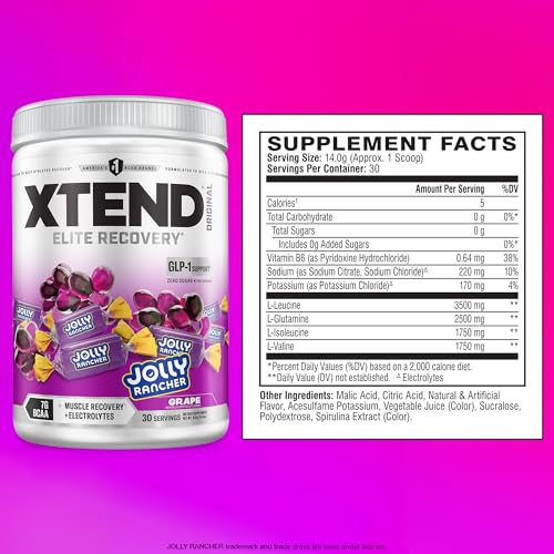 Image of Xtend Original BCAA Powder, 7g BCAAs and 2.5g L-Glutamine for Muscle Recovery Hydration and Lean Muscle, Sugar Free Intra and Post Workout Drink with Electrolytes, Grape Jolly Rancher, 30 Servings