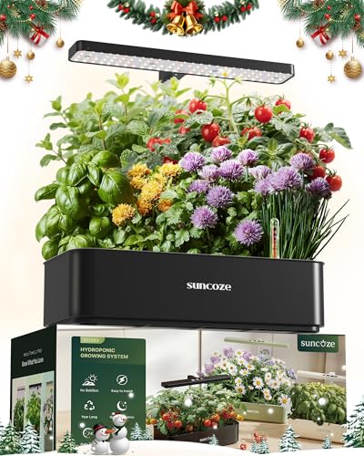 SUNCOZE Hydroponisches Anzuchtsystem, Smart Garden 12Pods, Indoor Kräutergarten Set mit LED-Wachstumsleuchte, 4L Wassertank, höhenverstellbar, leise intelligente Pumpe, für Zuhause, Küche, Schwarz