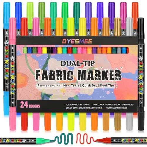 DYESMEE 24 rotuladores textiles lavables a máquina – Rotuladores textiles de doble punta permanentes para lienzo, camisetas, vaqueros, zapatos, sombreros, manualidades y proyectos de arte de tela para