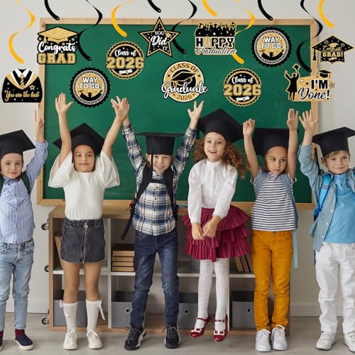 Image of 20 Pack Graduation Party Decorations 2026 - Congrats Grad Hanging Decoration, Black Gold Glittery Graduations Hanging Swirls Ceiling Streamers Ornaments for Class of 2026 Graduation Decorations Favors