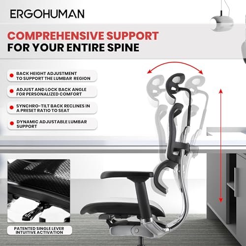 Image of Ergohuman Eurotech ME7ERG GEN2 High Back Mesh Office Chair with Tilt Tension Control, Tilt Lock, Back Angle, Back Height, Synchro Tilt, Seat Height, Seat Depth, and Arm Height Adjustments, Grey