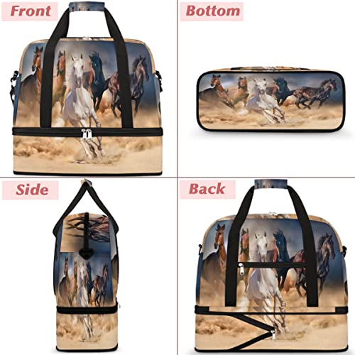 Animal Horse Running Travel Duffel Bag, Sport Gym Bag with Shoe Compartment Shoulder weekender Bag Foldable Overnight Bag for Women Men3
