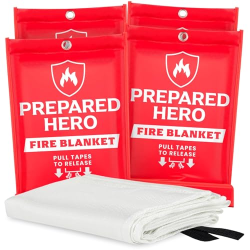 Prepared Hero Emergency Fire Blanket - 4 Pack - Fire Suppression for Kitchen, 40” x 40” Fiberglass Fire Blanket for Home