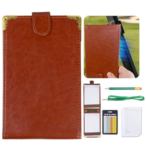 WodGod Magnetic Golf Scorecard Holder,Golf Accessories,Includes A Pencil,Five Double Sided Printed Scorecards and A Golf Club Range with Sling,7.08" x 4.33"High-End Leather Golf Yardage Book Holder