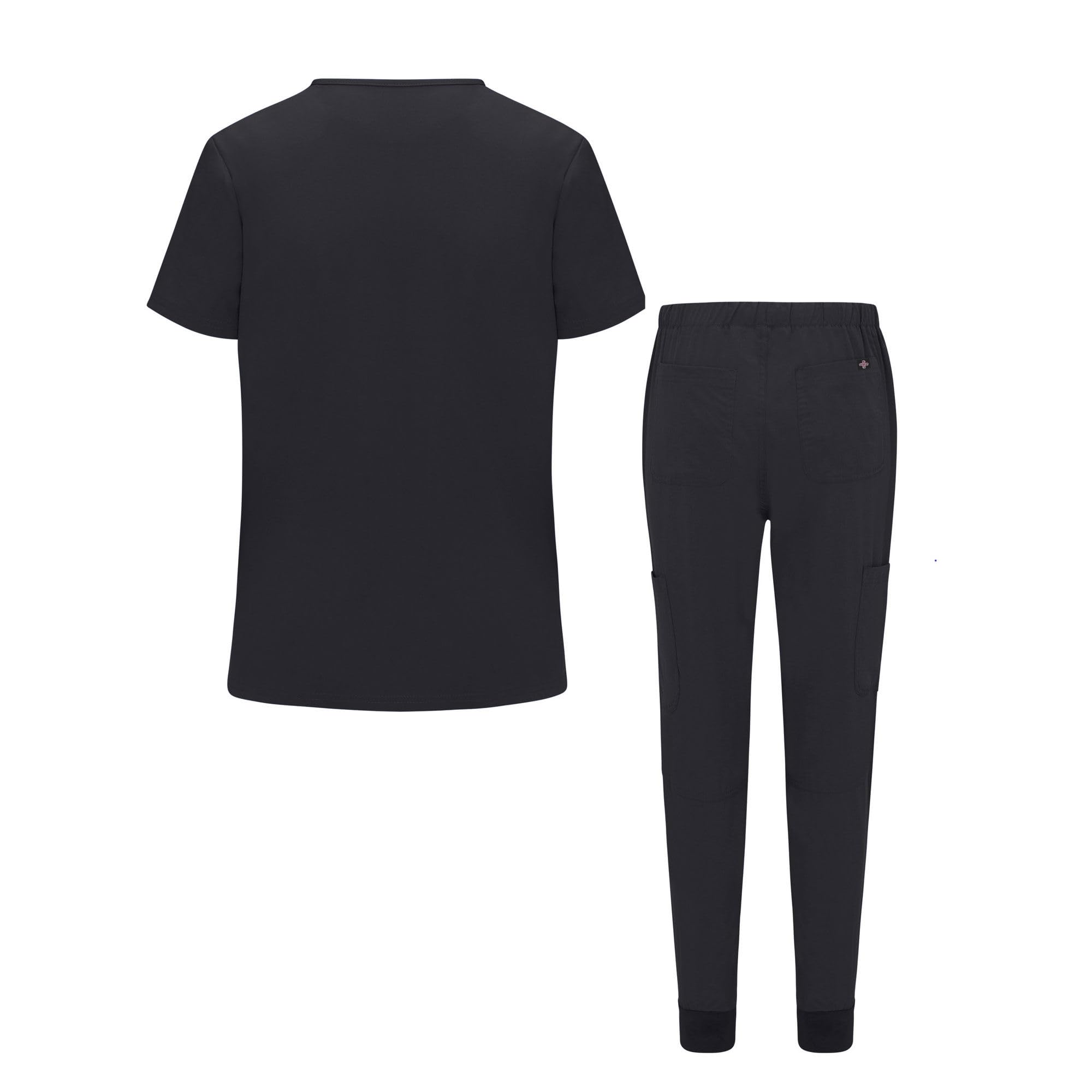 ACTIVE UNIFORMS Women's Jogger Scrub Set 10 Pockets Stretch Medical Scrub Top and Pant Nursing Uniforms (Black, XX-Large)
