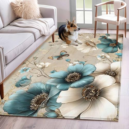 Area Rug 4'x6', Teal Tulip Butterfly Washable Non-Slip Rugs, Beige