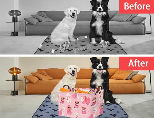 Image of Pink Dog Toy Basket Collapsible Puppy Bin Storage Organizer Large Pet Box With Handles (Girl Dog)