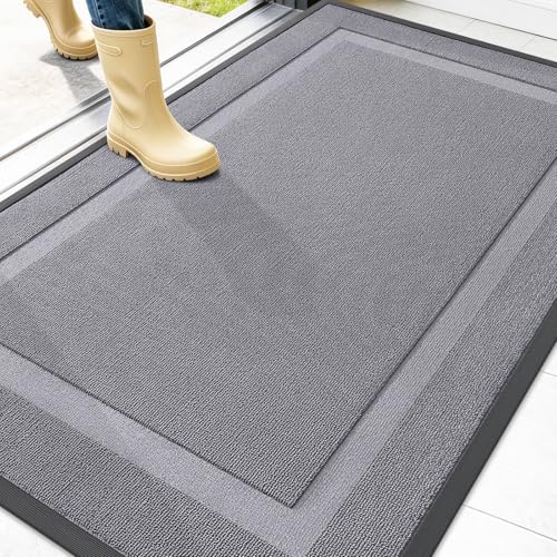 Image of OLANLY Front Door Mat Indoor Outdoor Entrance, Waterproof All-Season, All-Weather Doormat, Sturdy Natural Rubber, Low Profile, Easy Clean Patio Porch Entryway Mat, 47x32, Classic Gray