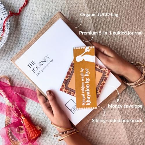 Image of Rakhi Gift Set for sisters- 5-in-1 Guided Journal Diary, Indian Lace Gift Packaging, Money Envelope & Personal Message Bookmark Card for sisters