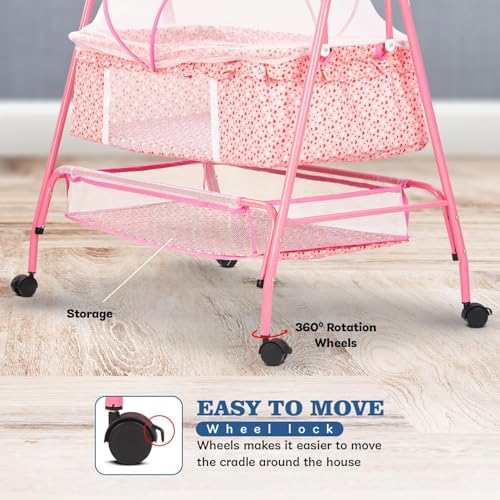 Image of BAYBEE Clora Baby Cradle and Swing with Mosquito Net | Jhula Palna for Newborns | 360 Rotating Lockable Wheels & Storage Basket | Pink