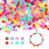 Bunte Pony Perlen zum Auffädeln,1000 Stück Transparente Perlen Großes Loch,6×9mm Haarperlen Bastelperlen für Armbänder, Halsketten, Schlüsselanhänger & DIY Schmuck (Bunte - Transparent)