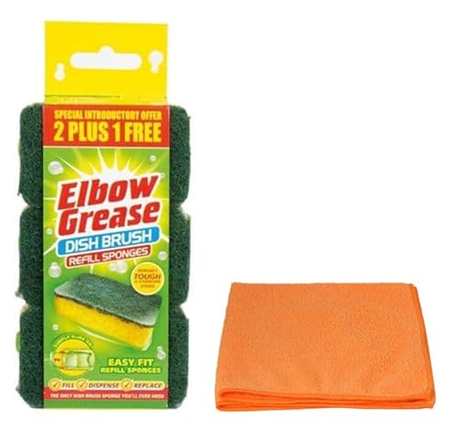 Topest Green 3X Elbow Grease Washing Up Brush Refills Sponges - For Tough And Stubborn Stains -With Ultra Absorbent Microfibre Cleaning Cloth
