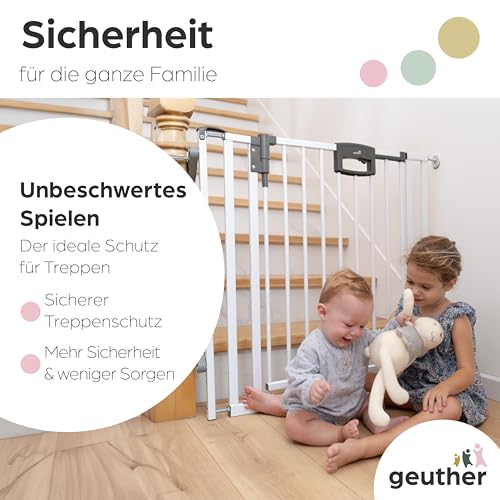 Geuther Treppenschutzgitter Easylock Plus | Türschutzgitter ohne Bohren inkl Klemmen | Breite 84,5-92,5 cm | Türgitter Baby Holz-Metall | Kinderschutzgitter beidseitig öffnend | Kindersicherung | Weiß
